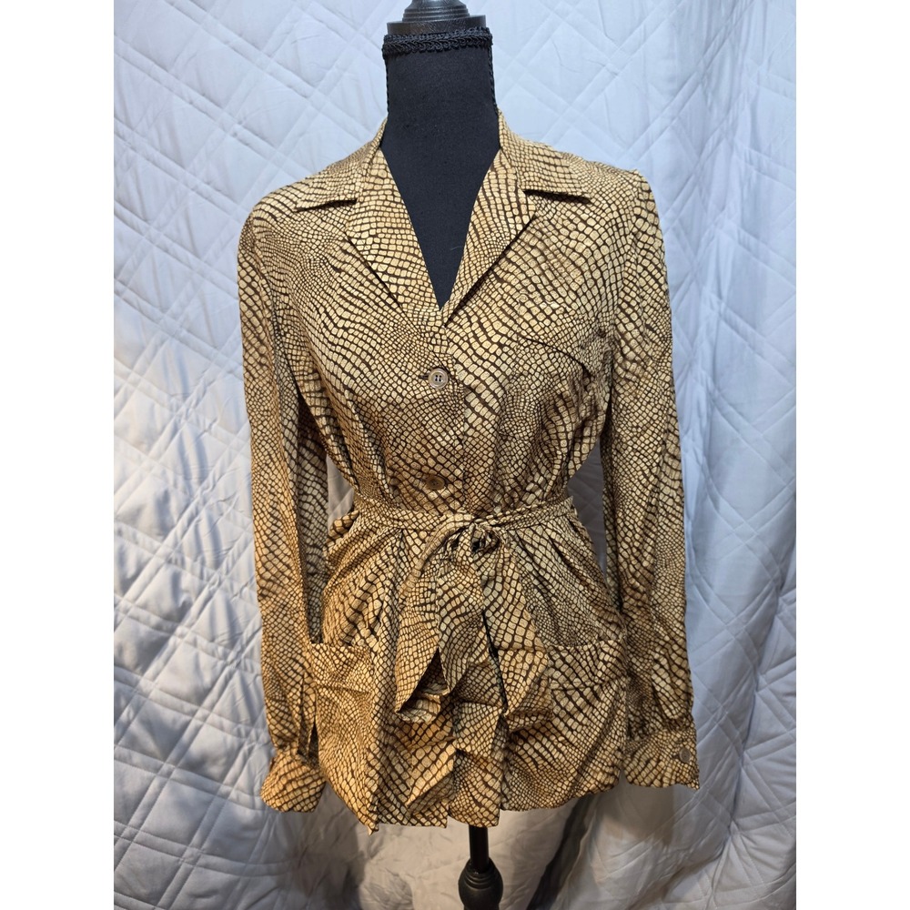 Castioni Italy Pure Silk Snakeskin Print Belted Jacket Blouse Brown Tan Sz 40